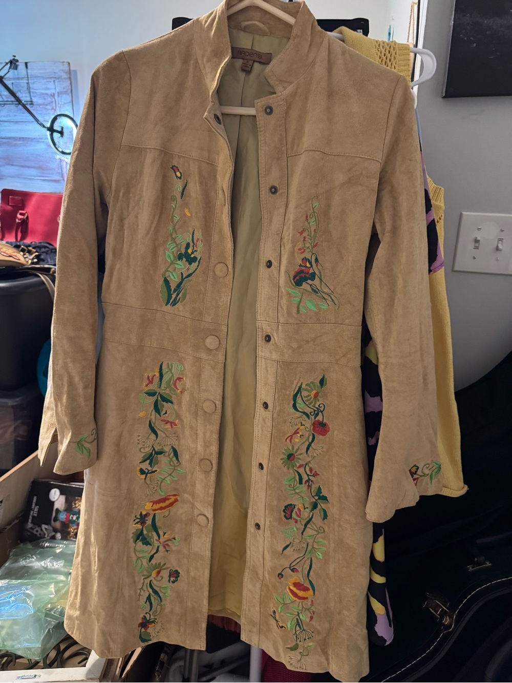 Arden B Beige Suede Embroidered Floral Long Coat